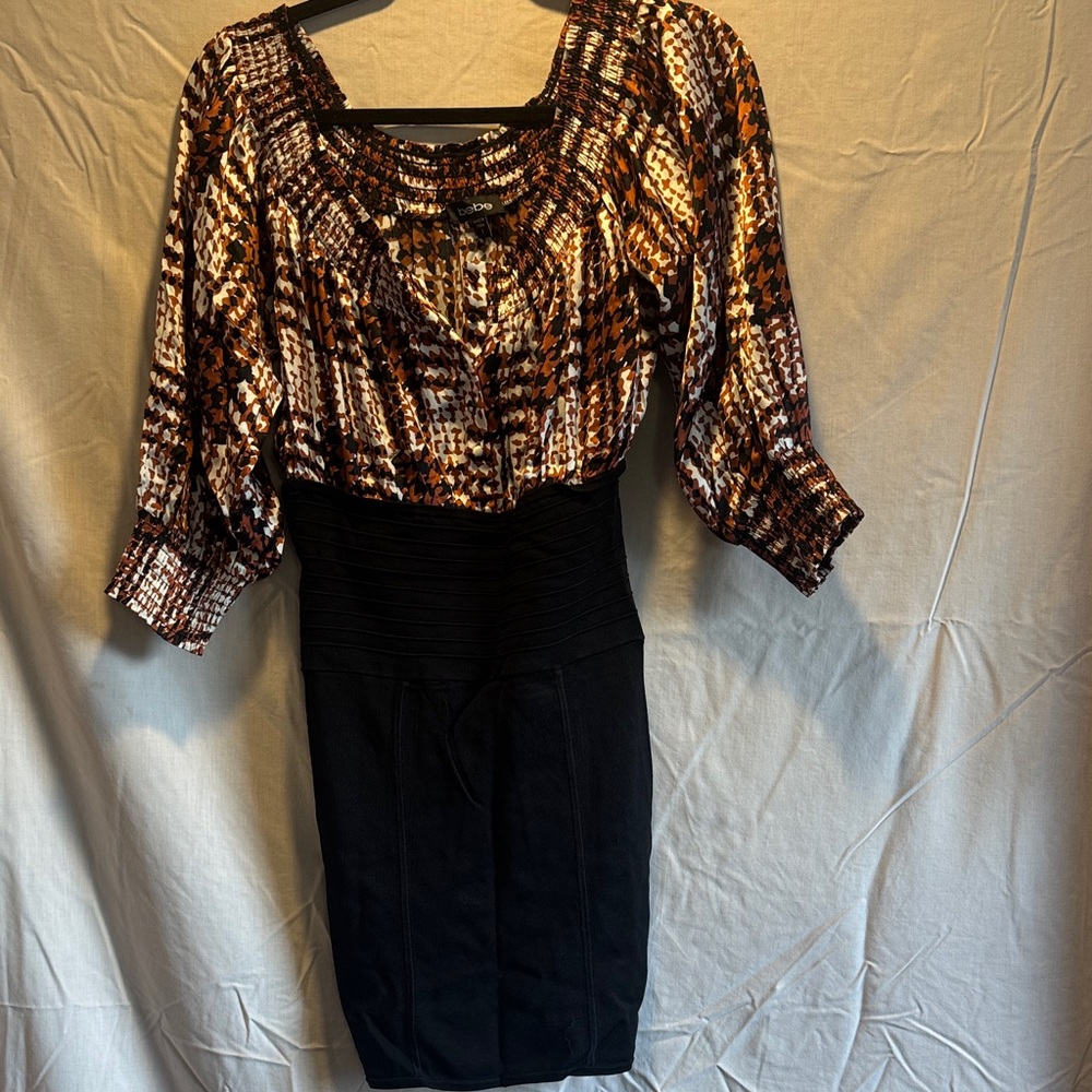 Bebe Small Dress - spandex Black Midi skirt attached to Patterned Blouse
